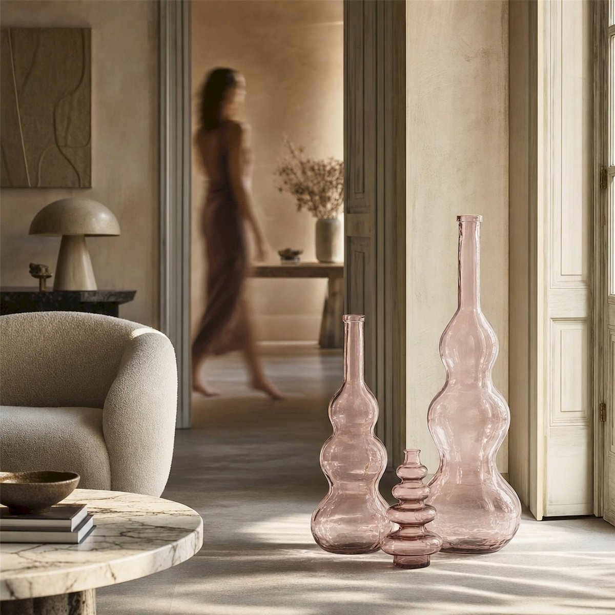 Vase haut en verre soufflé rose clair, RECOLLECTION
