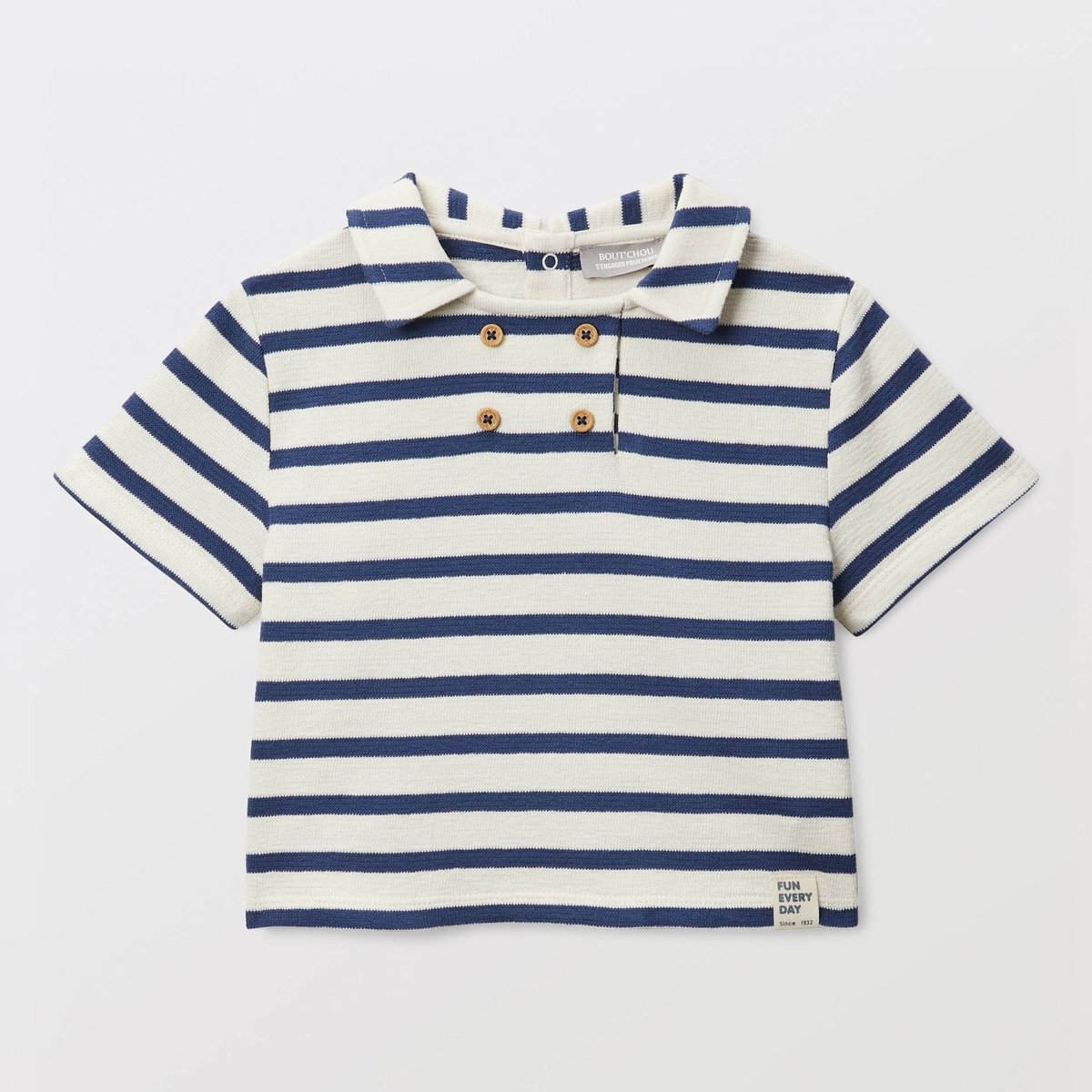T-shirt manches courtes à col rayé en coton BIO GOTS porcelaine, BOUT'CHOU