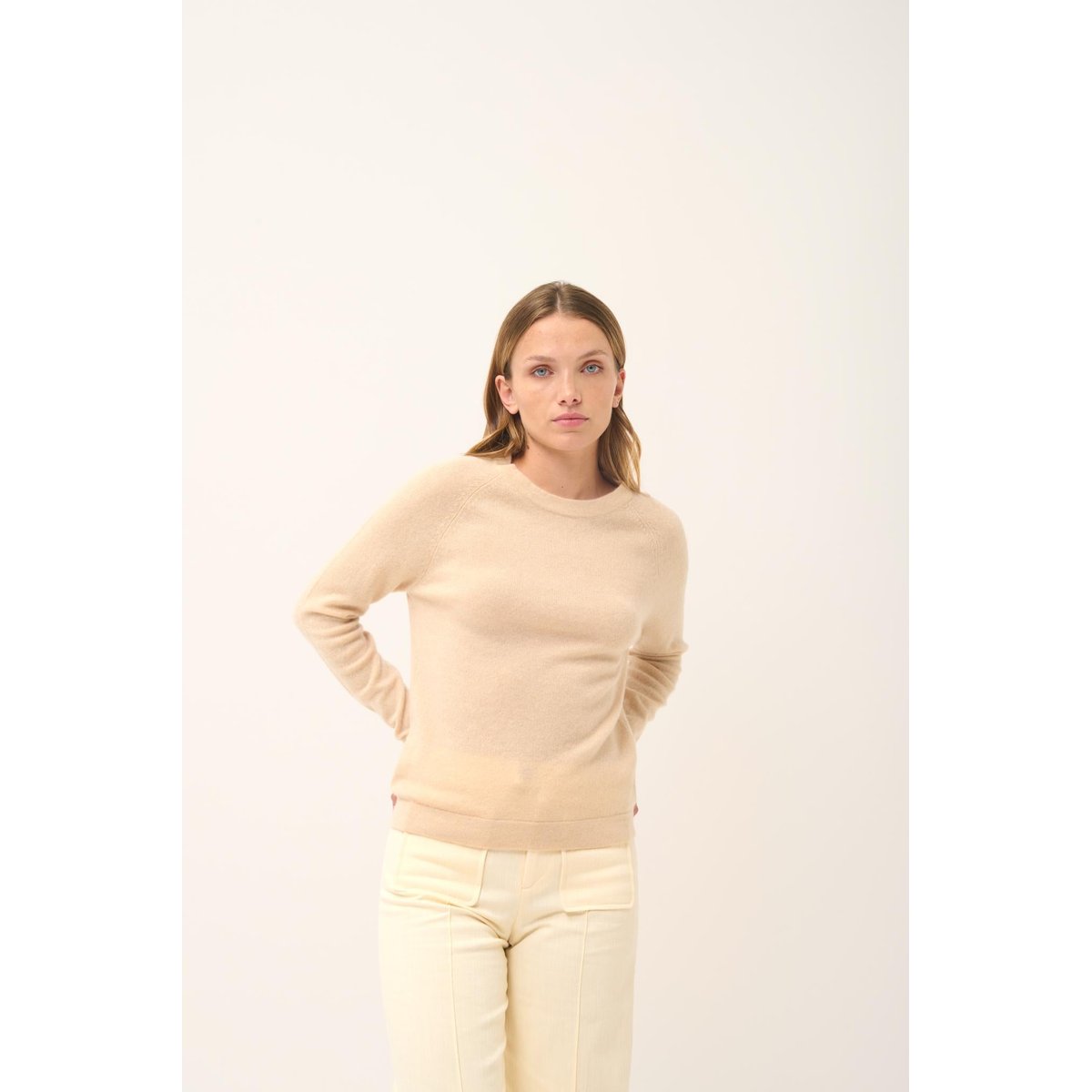 Pull Col Rond Sable Jane beige, JUST CASHMERE