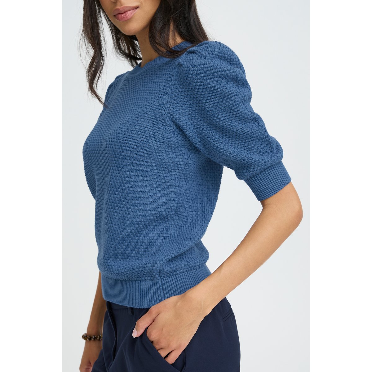 Pull en maille, manches 3/4, col rond bleu true navy, B.YOUNG