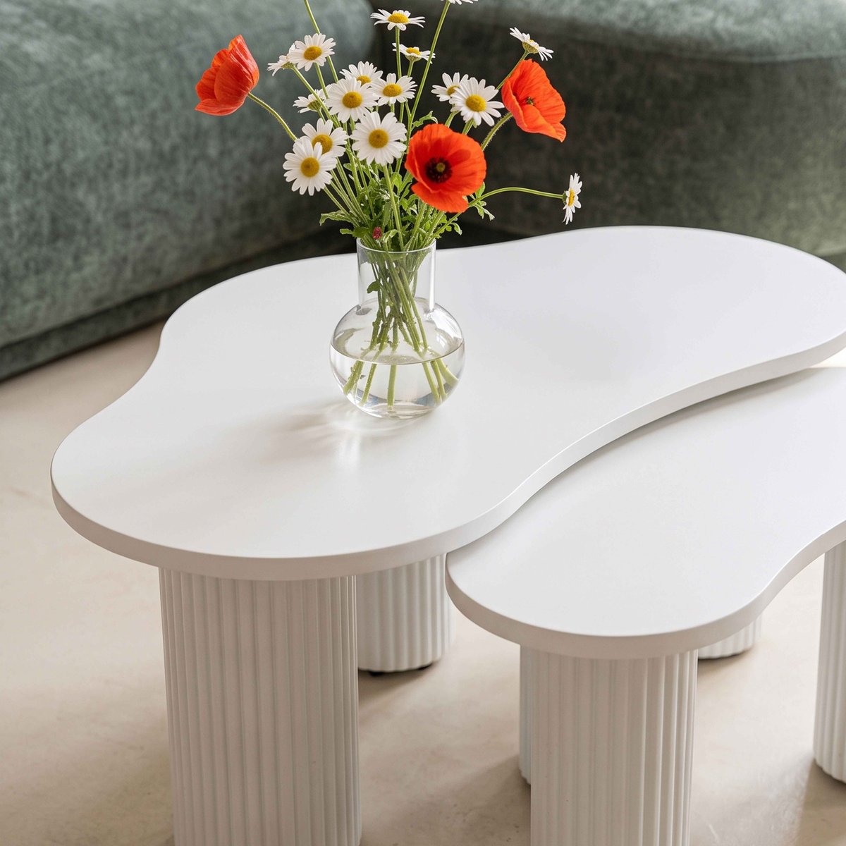 Tables basses gigognes design forme organique mélaminé, MAEVE blanc, OVIALA