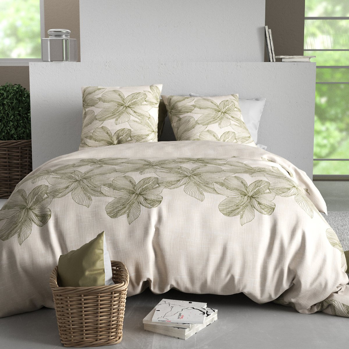 Paure coton imprimée couette et 2 taies, MILA vert, ATELIER DU COTON