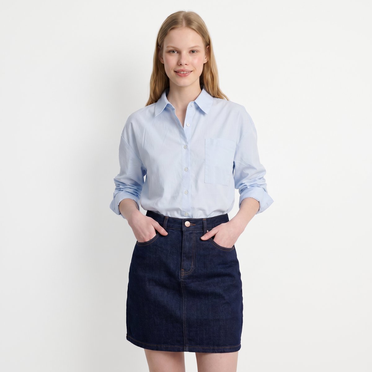 Jupe courte en denim, taille haute et coupe droite CLENA bleu denim, ARTLOVE