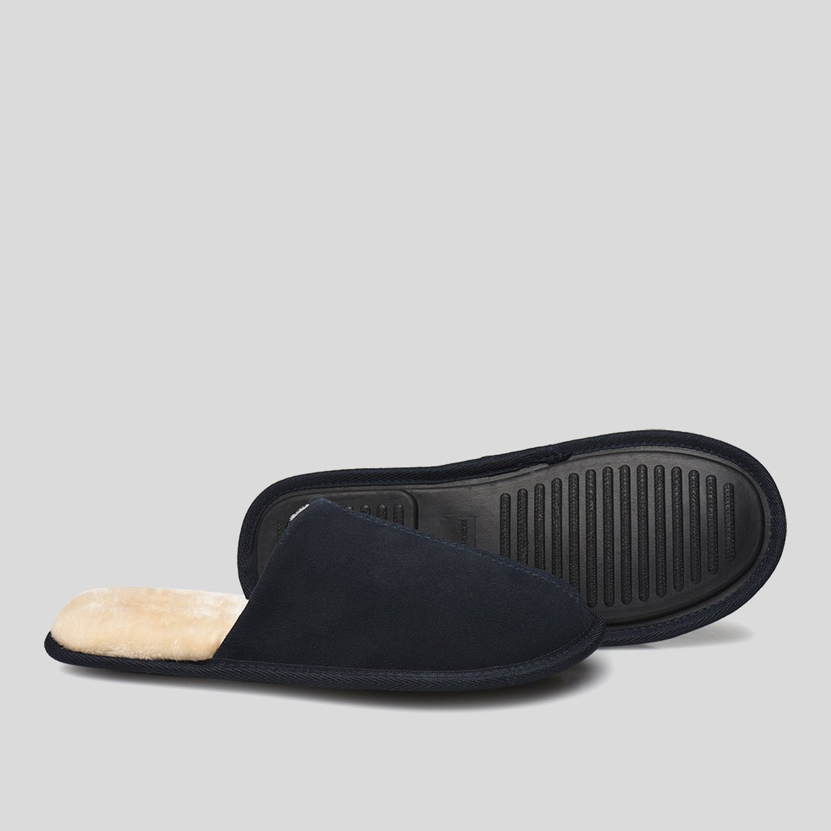 Mules fourrées en cuir suede marine, MONOPRIX