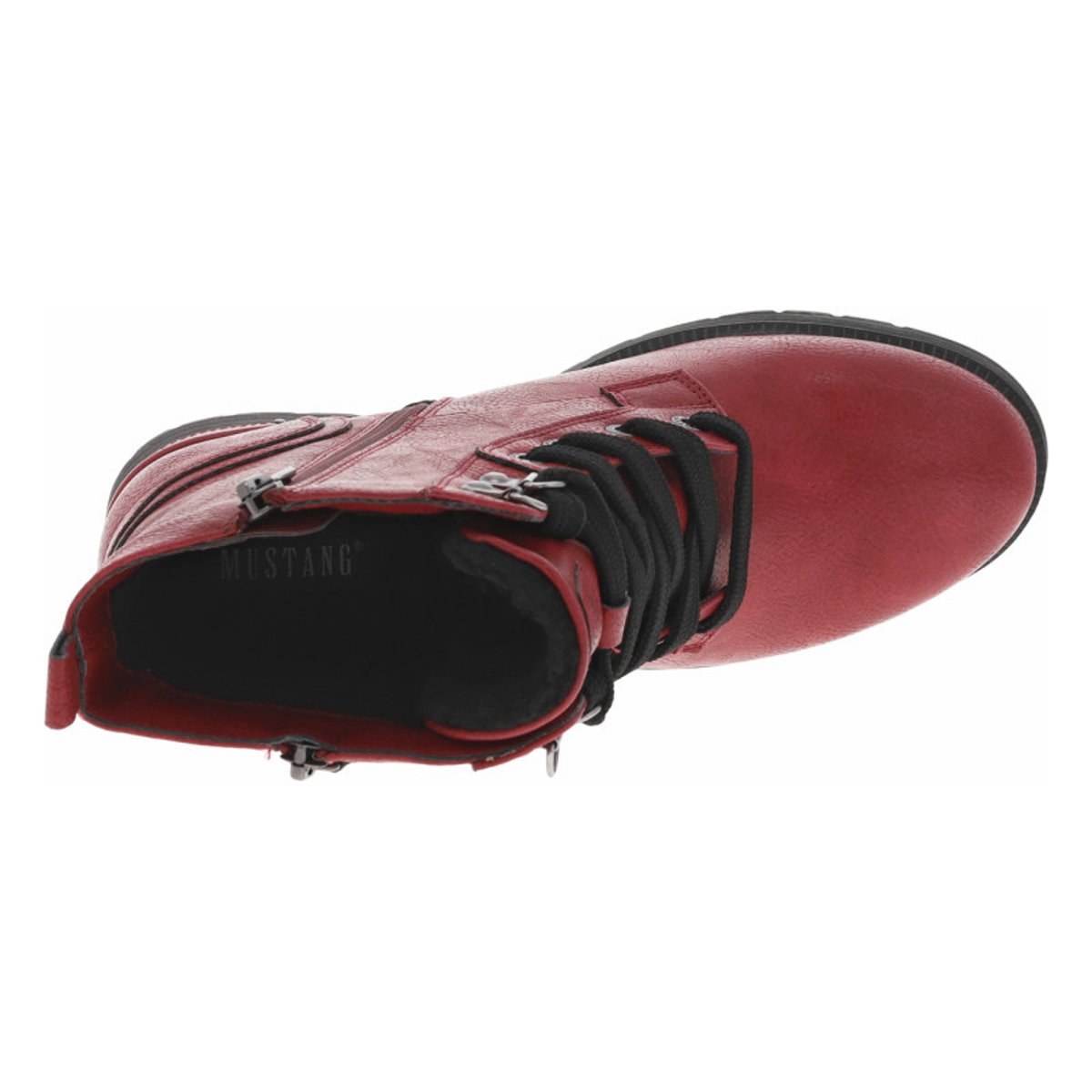 Bottines rouges à talon décroché bas avec un zip et des lacets ronds rouges, MUSTANG