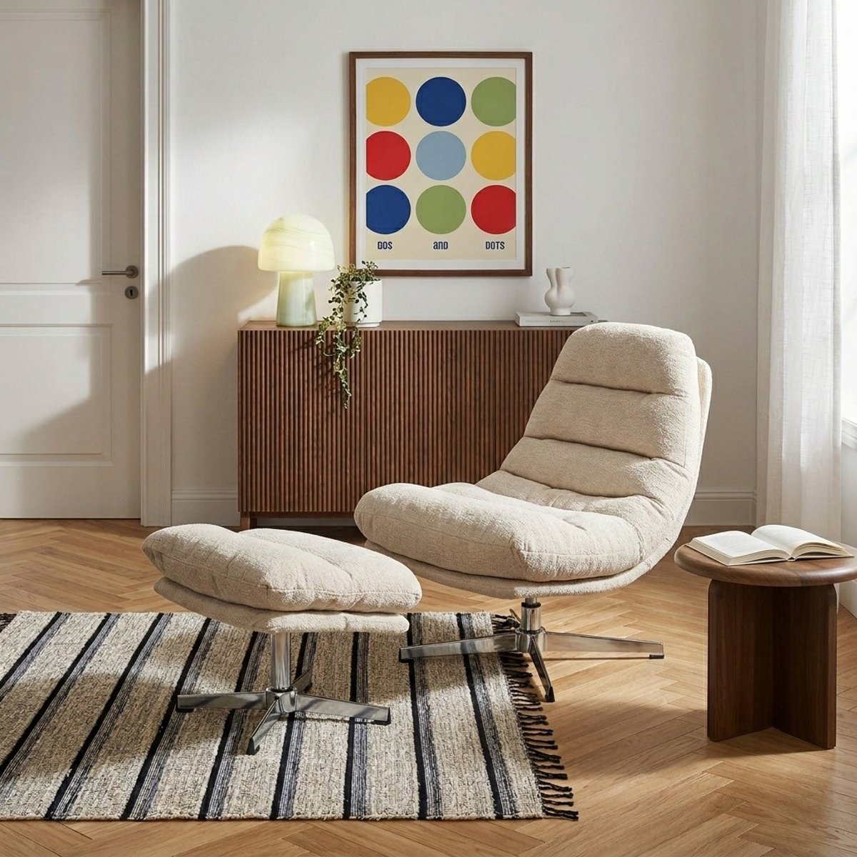 Fauteuil rotatif + repose-pieds tissu THEMIS blanc, BAÏTA