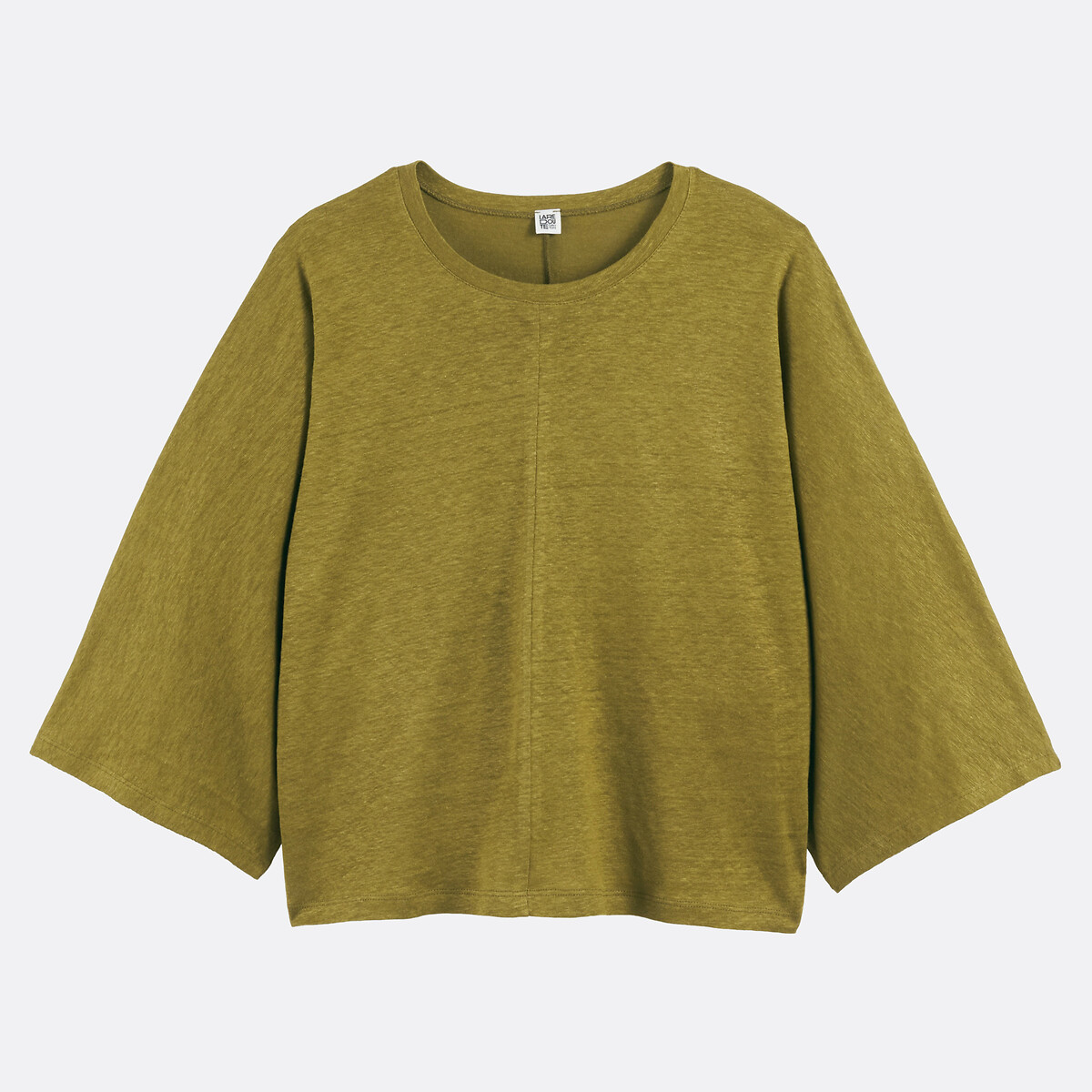 T-shirt en lin col rond manches larges vert kaki, LA REDOUTE COLLECTIONS
