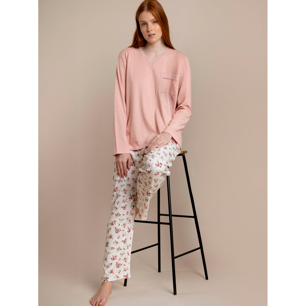 Pyjama pantalon top manches longues Dots And Flowers corail, ADMAS