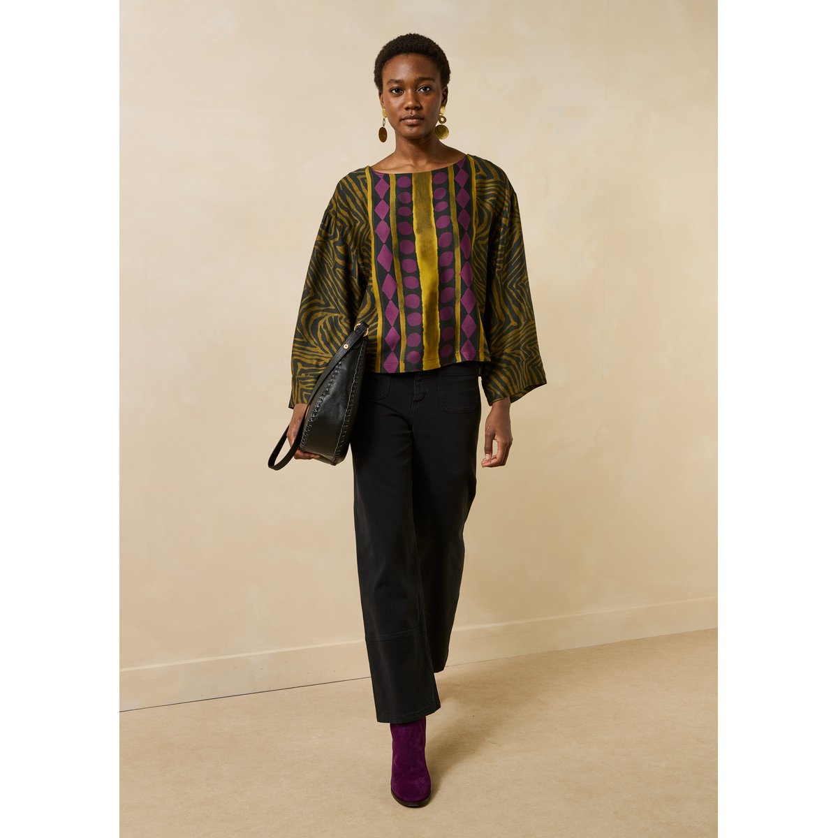 Top ample fluide manches longues imprimé zèbre noir/ocre, LA FEE MARABOUTEE