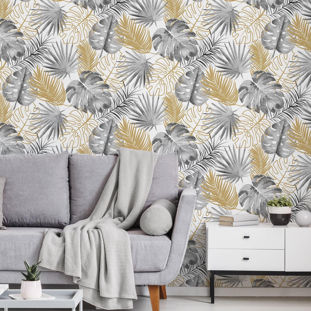 Papier peint jungle monstera dorée jaune, HEXOA