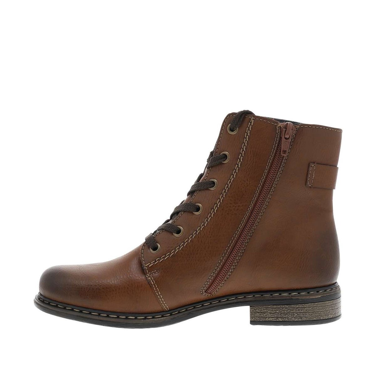 Bottines cognac à talon décroché bas avec des lacets et un zip latéral cognac, RIEKER
