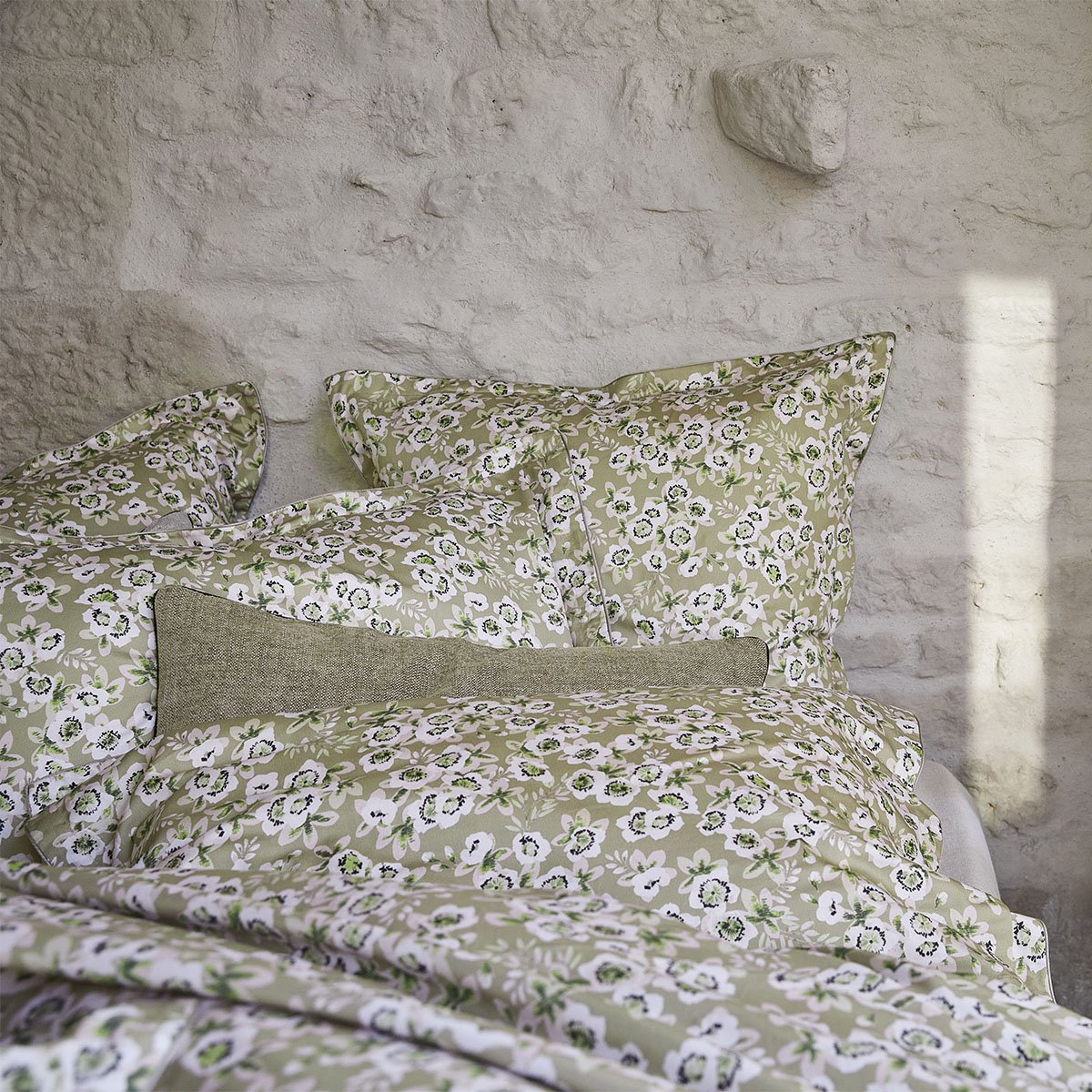 Housse de couette imprimée en satin de coton bio, BLOSSOM beige lune, ALEXANDRE TURPAULT