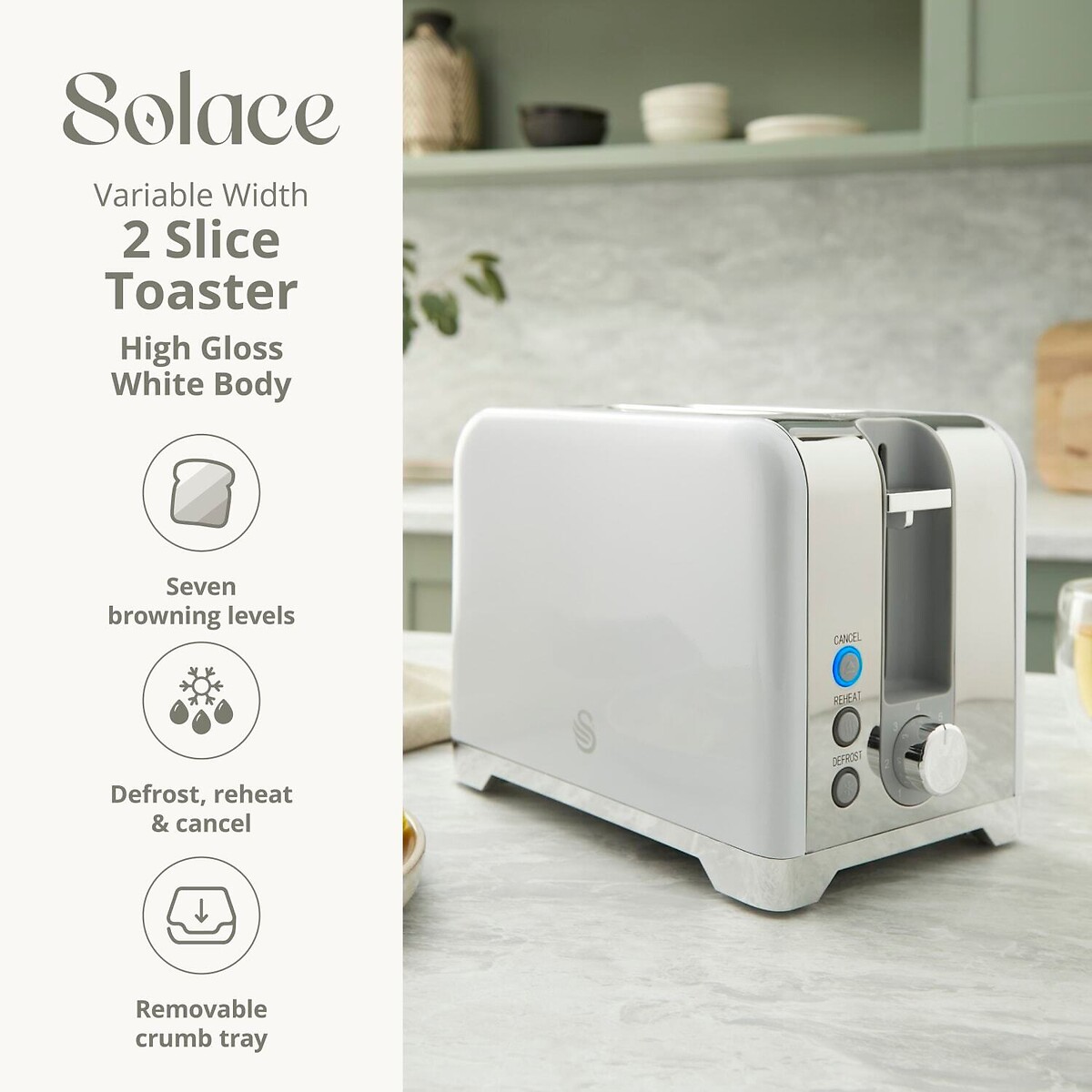 Solace 2-Slice Stainless Steel Toaster white, SWAN