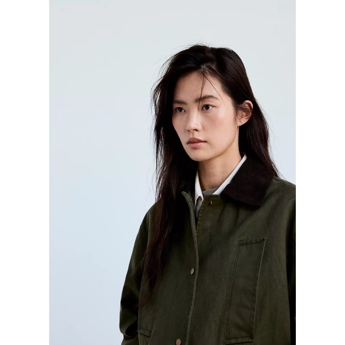 Veste avec col en velours côtelé kaki, MANGO