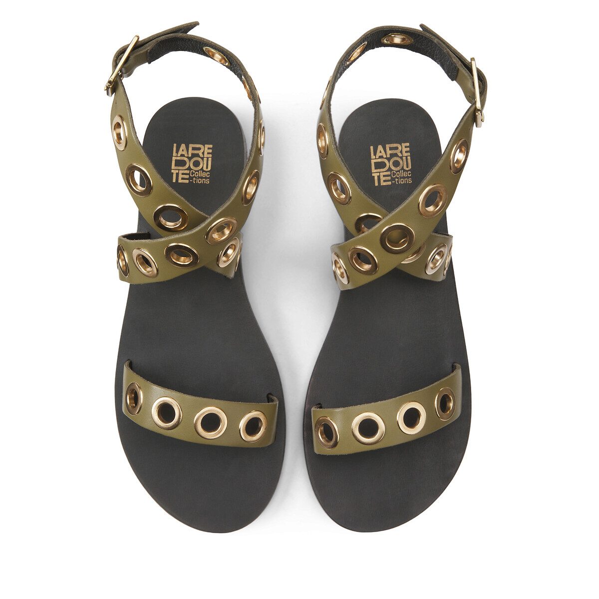 Leather Eyelet Sandals with Ankle Strap khaki, LA REDOUTE COLLECTIONS