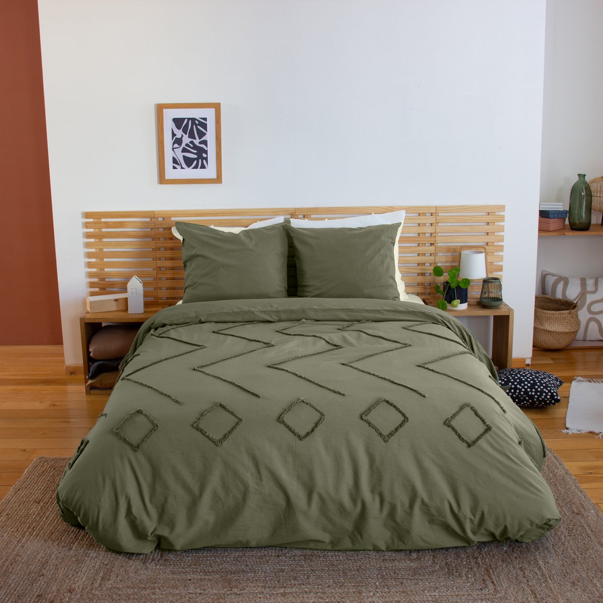 Parure de lit coton tuftée géométrique vert, COTE DECO