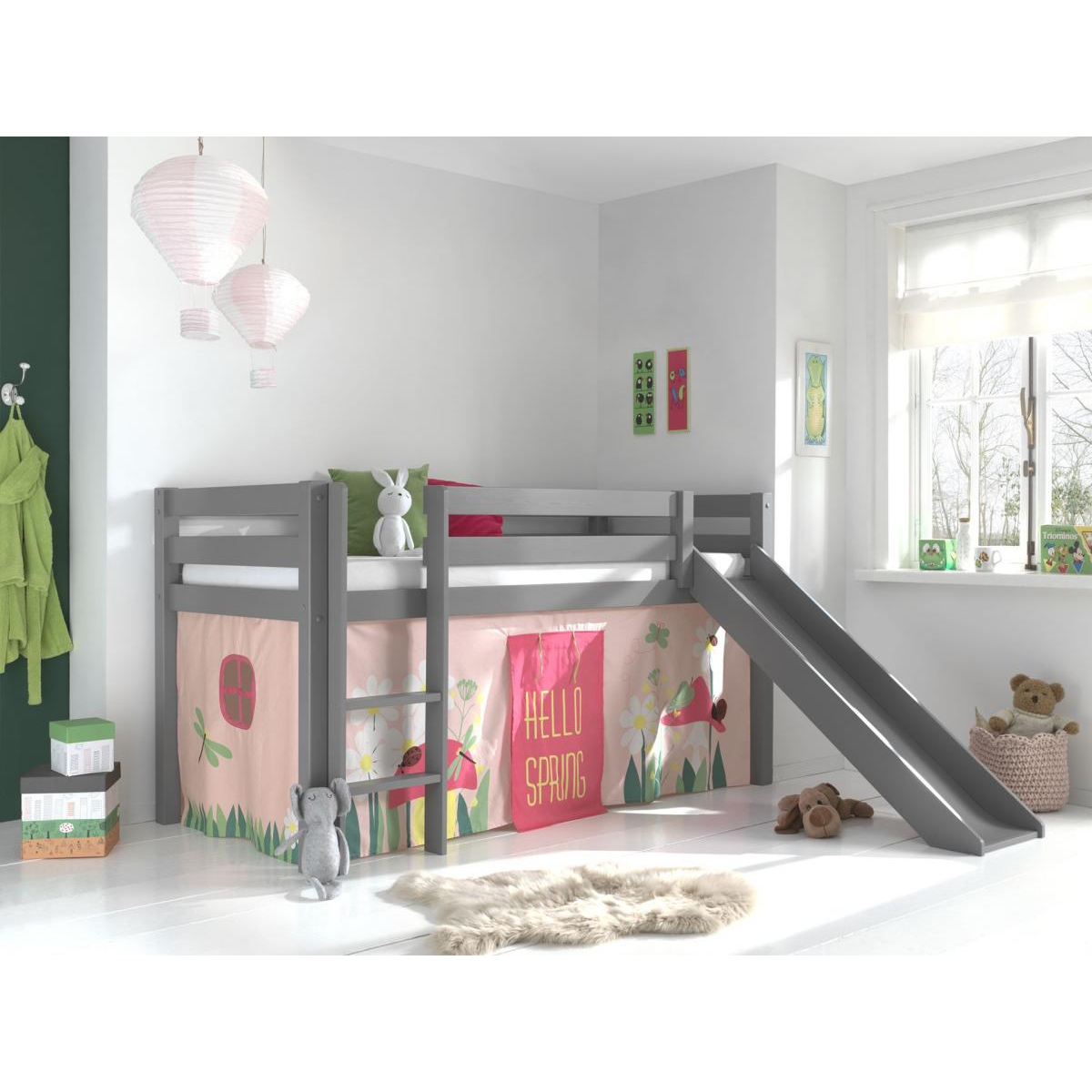 Lit Enfant Surélevé Avec Toboggan Pino  + Rideau de lit Spring couleur unique, VIPACK