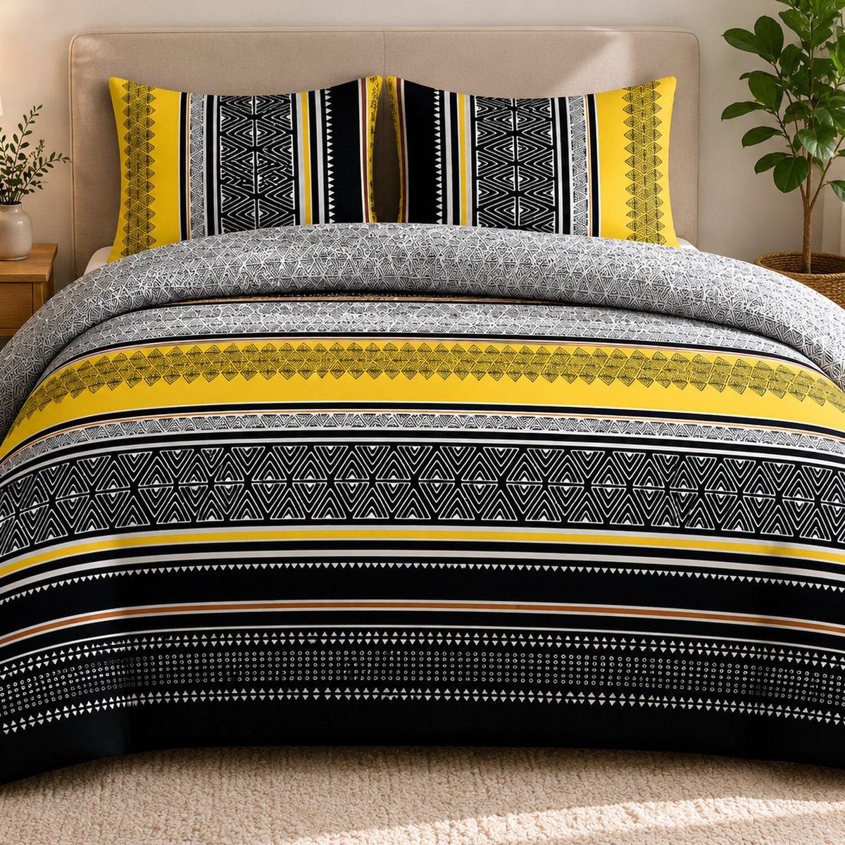 Parure housse de couette imprimée + taie(s) en coton, Formas Yellow gris, C DESIGN HOME TEXTILE