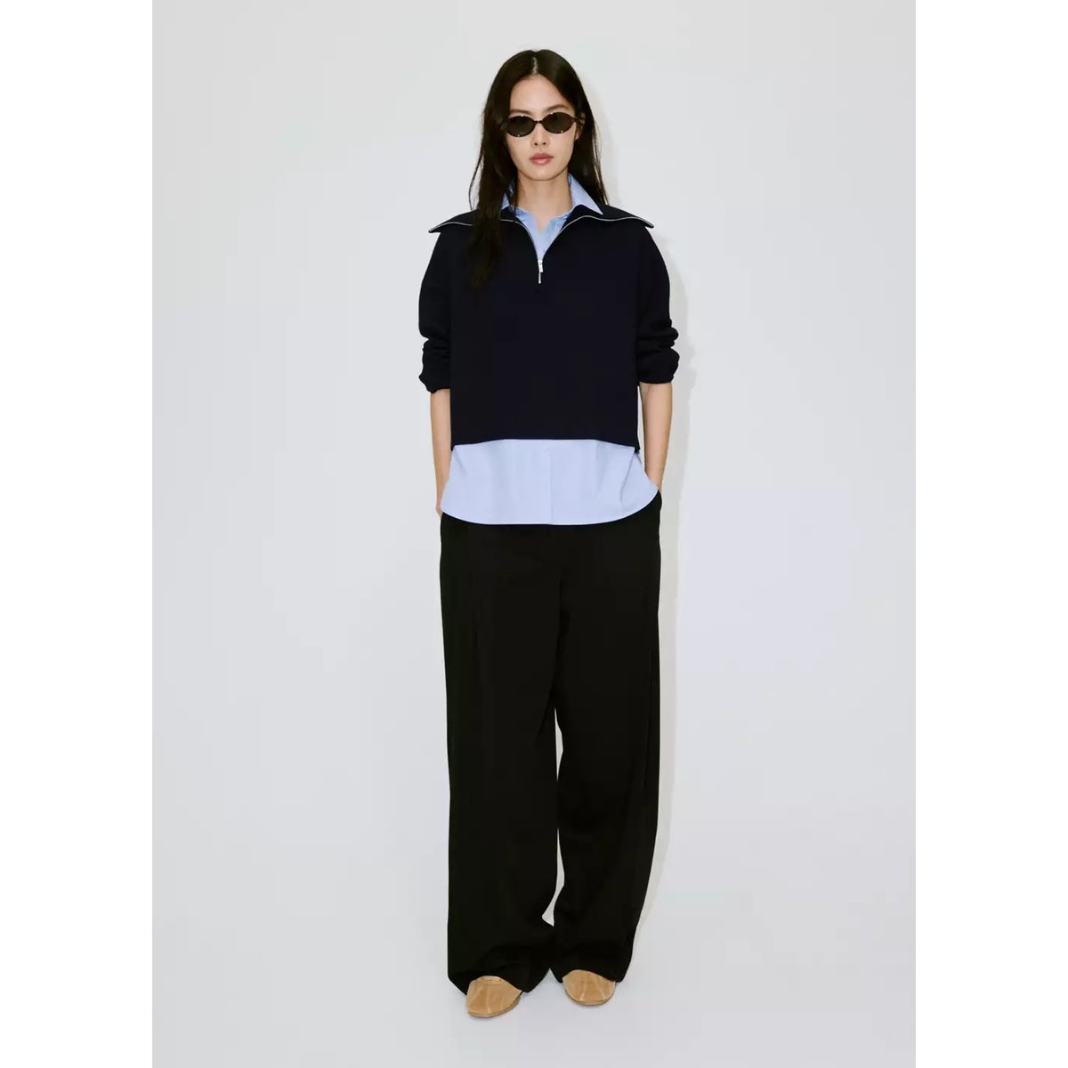 Pull en maille superposition chemise bleu marine foncé, MANGO