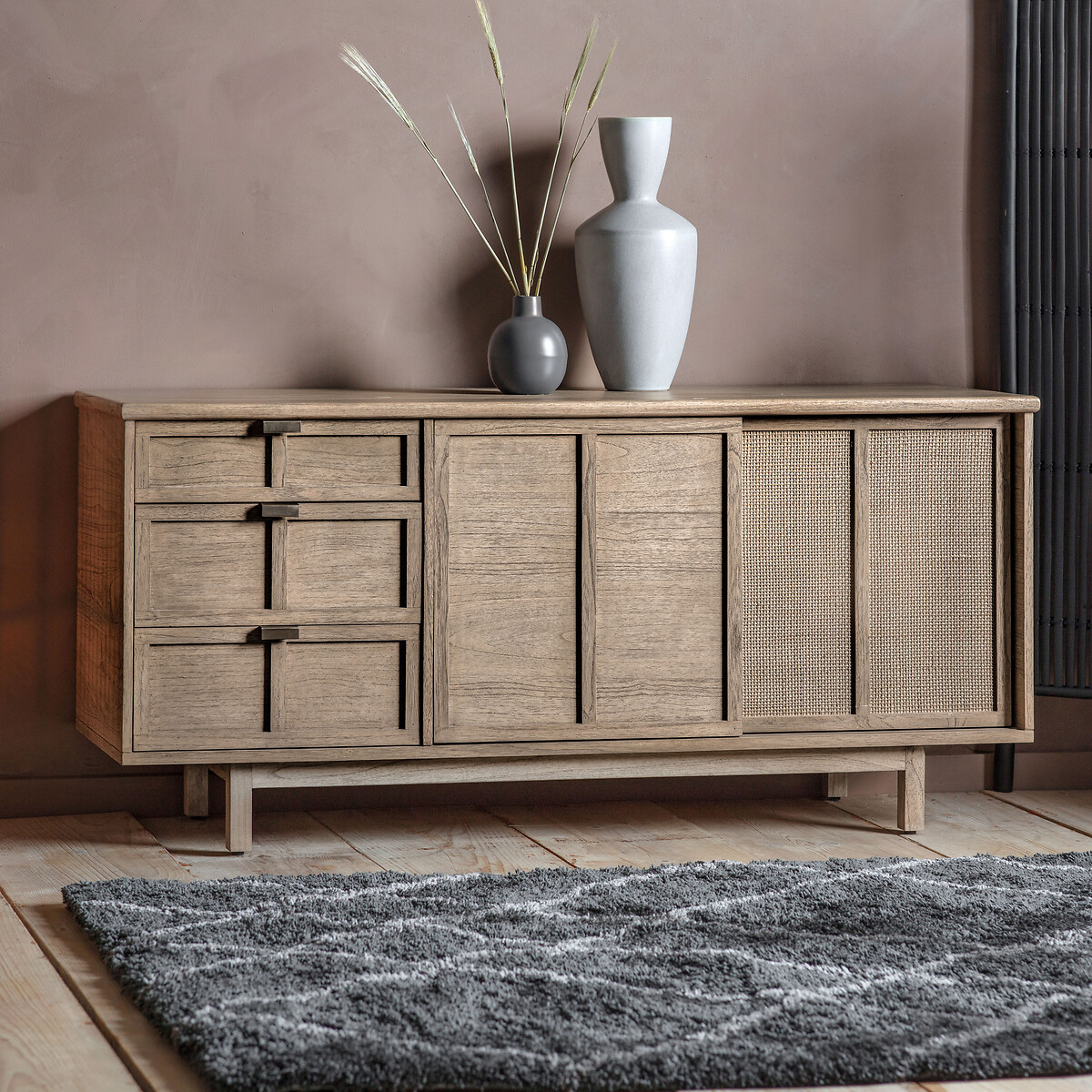 Bharhut Japandi Panelled Rattan Large 2 Door Sideboard wood, ÉDITÉ