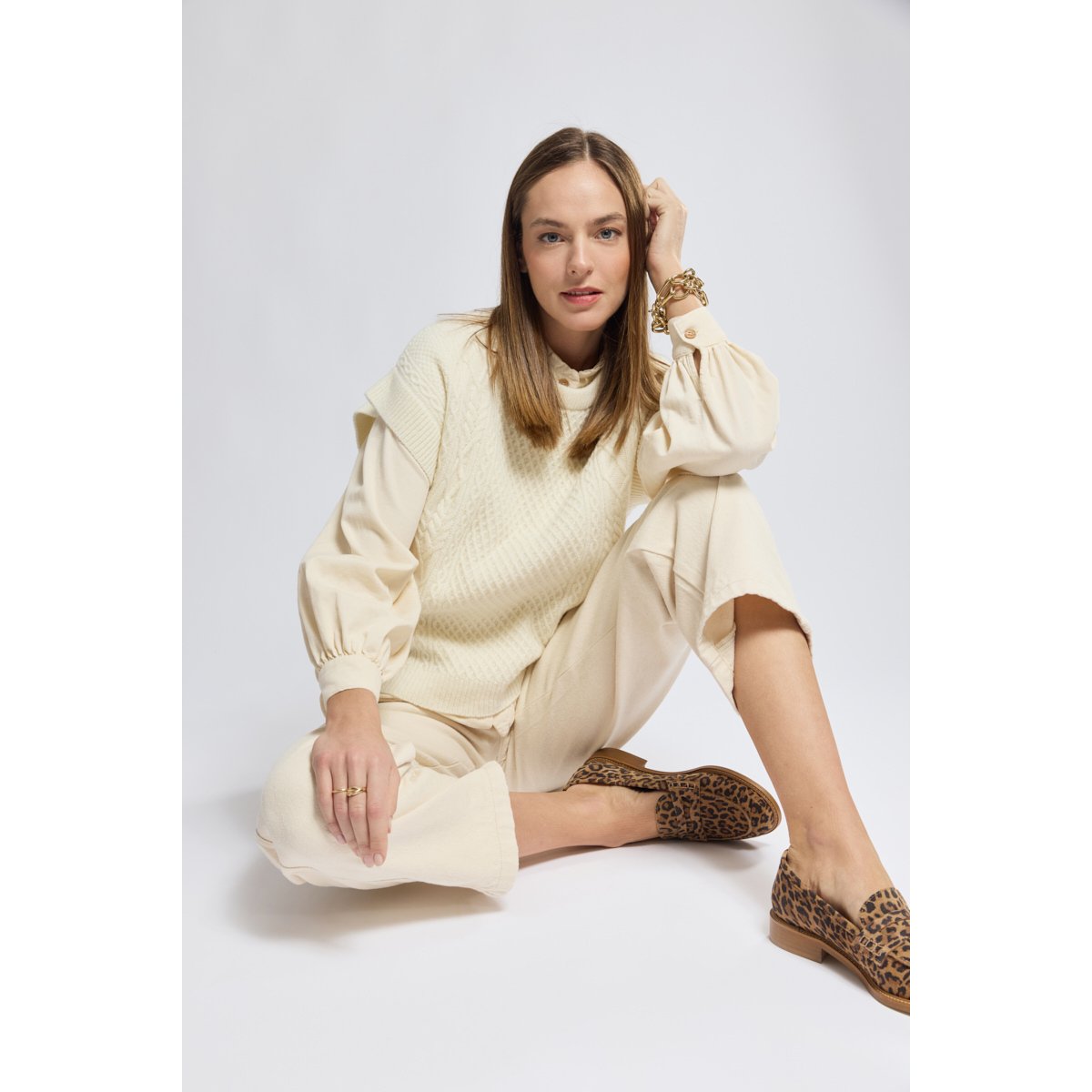 Pull torsades sans manche en laine nature, ARMOR-LUX