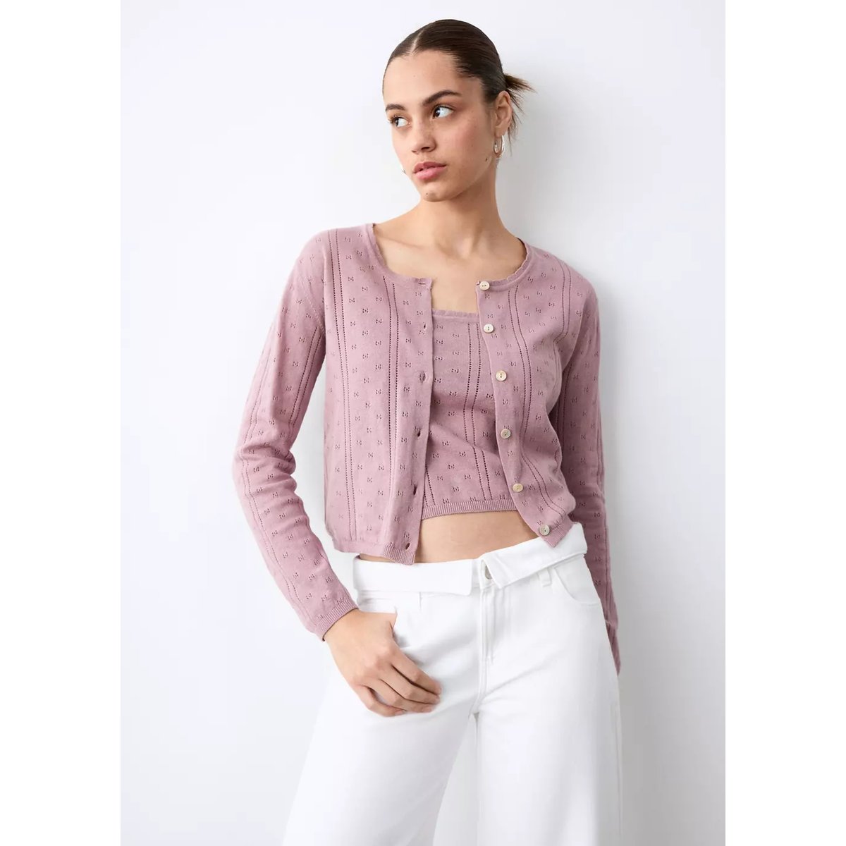 Cardigan maille ajourée rose, MANGO TEEN