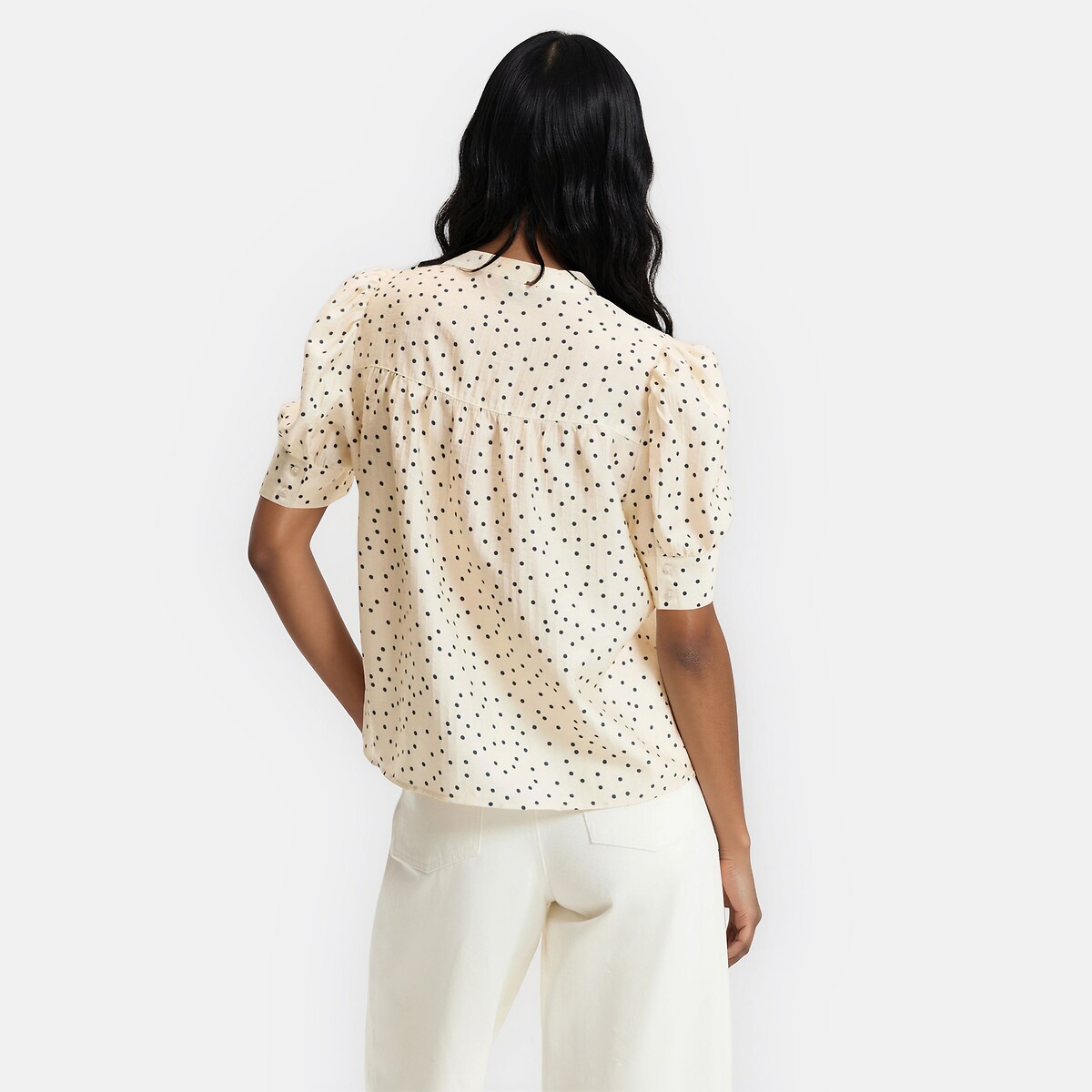 Polka Dot Blouse with Crew Neck and Short Sleeves ecru polka dots, LA REDOUTE COLLECTIONS
