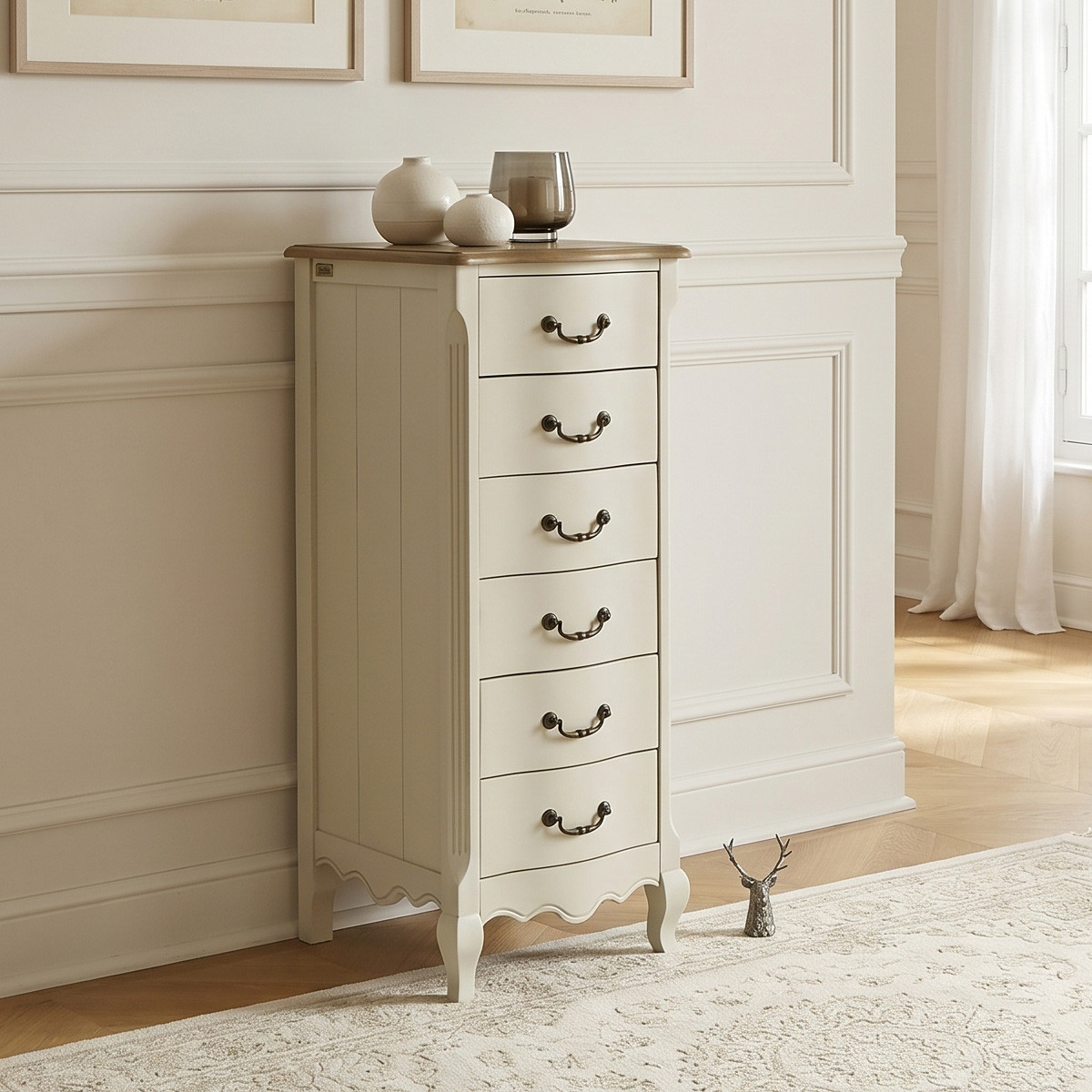 Colonne de rangement style classique, plateau en chêne, 6 tiroirs ORIANE blanc, ROBIN DES BOIS
