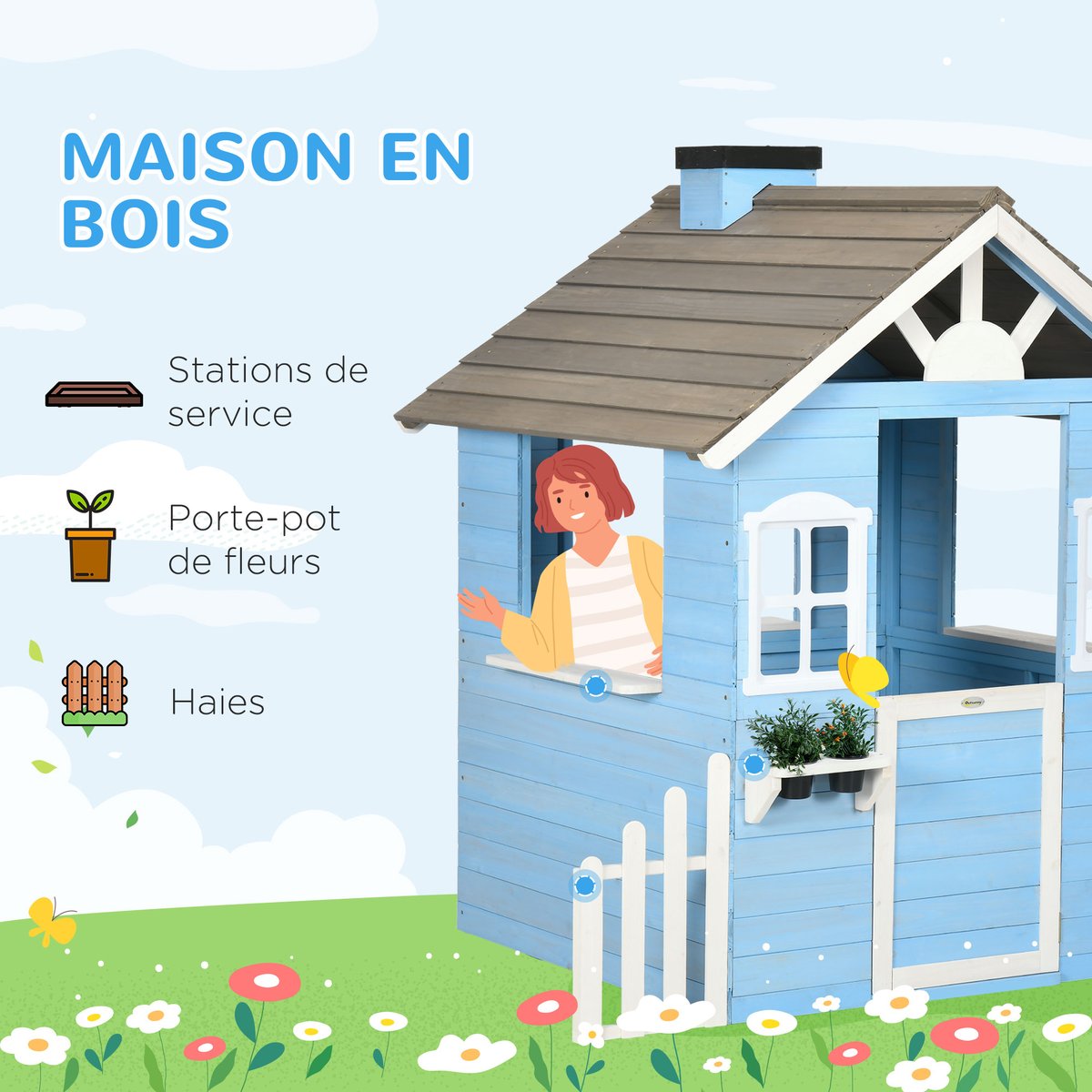 Maisonnette pour enfants Bois de sapin Bleu bleu, OUTSUNNY