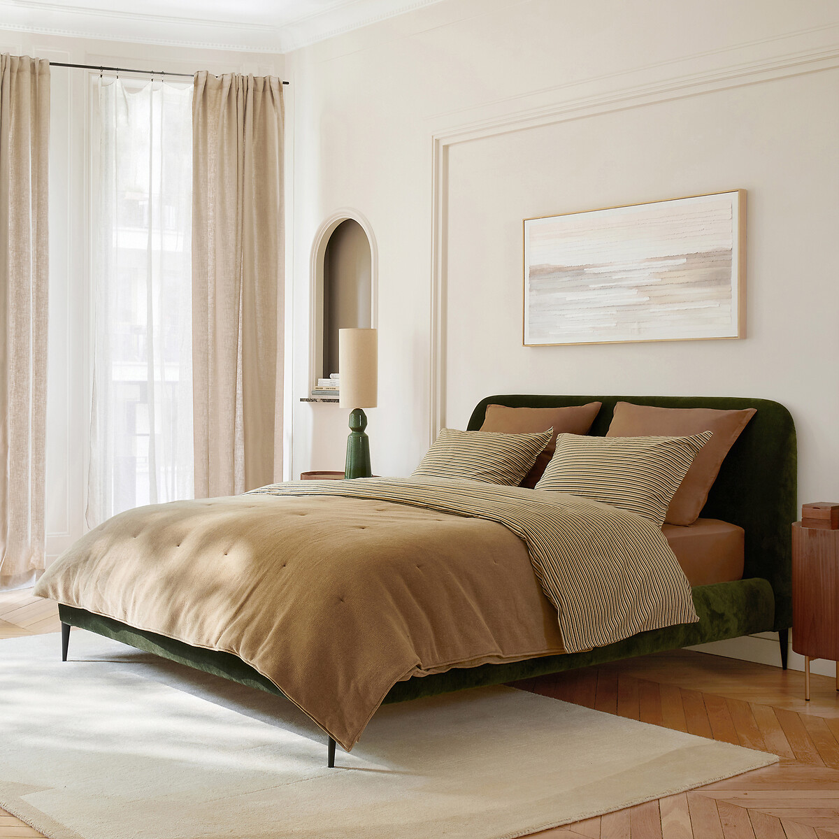 Bett OSCAR aus Velours, mit Lattenrost , Design Emmanuel Gallina olivgrün, EMMANUEL GALLINA X AM.PM