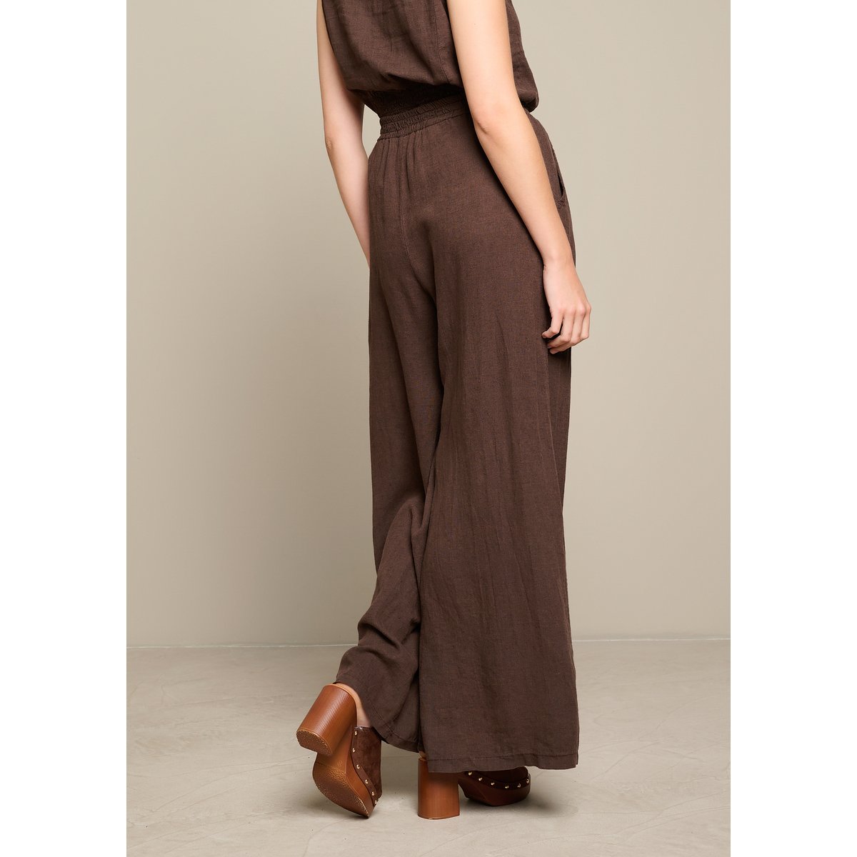 Pantalon large en lin brun fonce chocolate, LOLALIZA