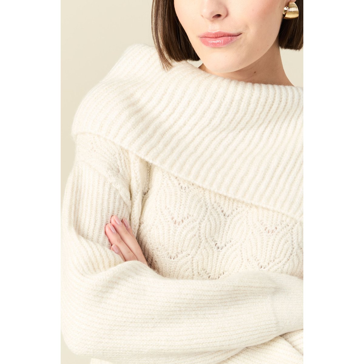 Pull ajouré manches longues bardot ecru, BONOBO