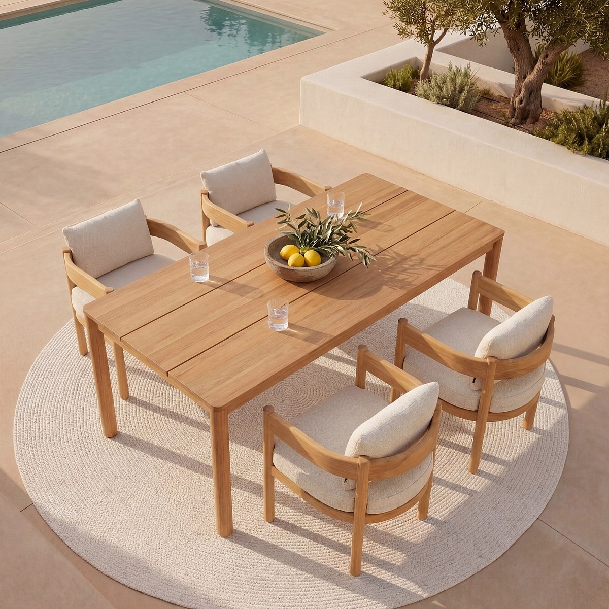 Chaise de jardin en teck massif et tissu imperméable FIGARI blanc cassé, HABITAT