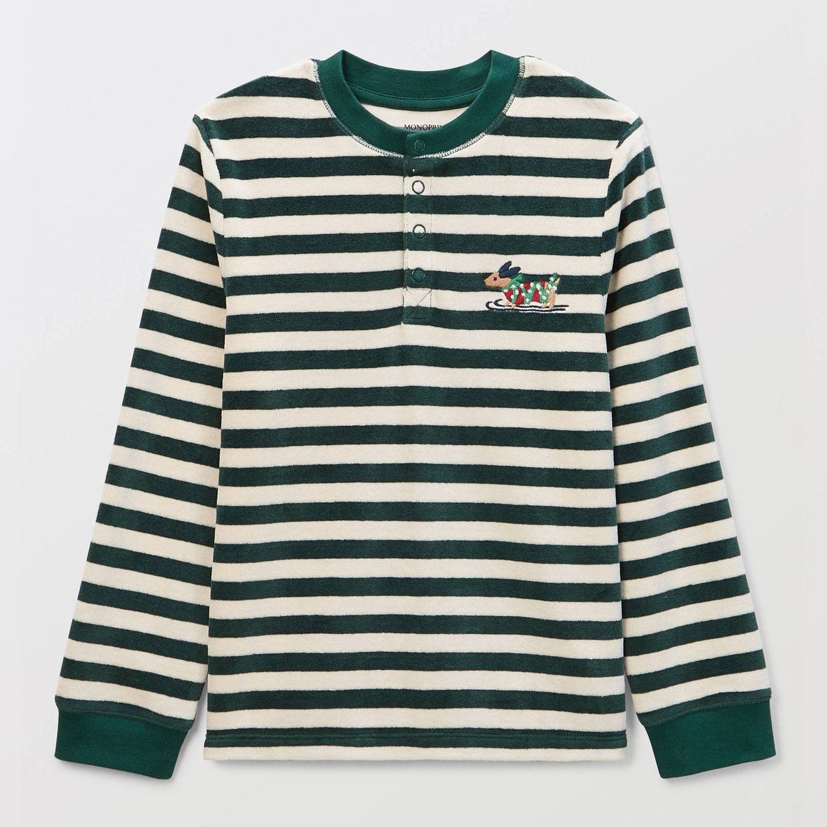 Pyjama manches longues rayé en velours en coton BIO GOTS sapin, MONOPRIX