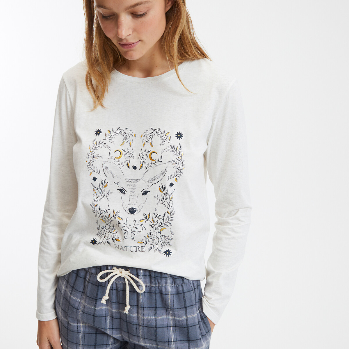 Pigiama t-shirt stampata, pantaloni a quadri quadrati blu/grigio, SO'HOME
