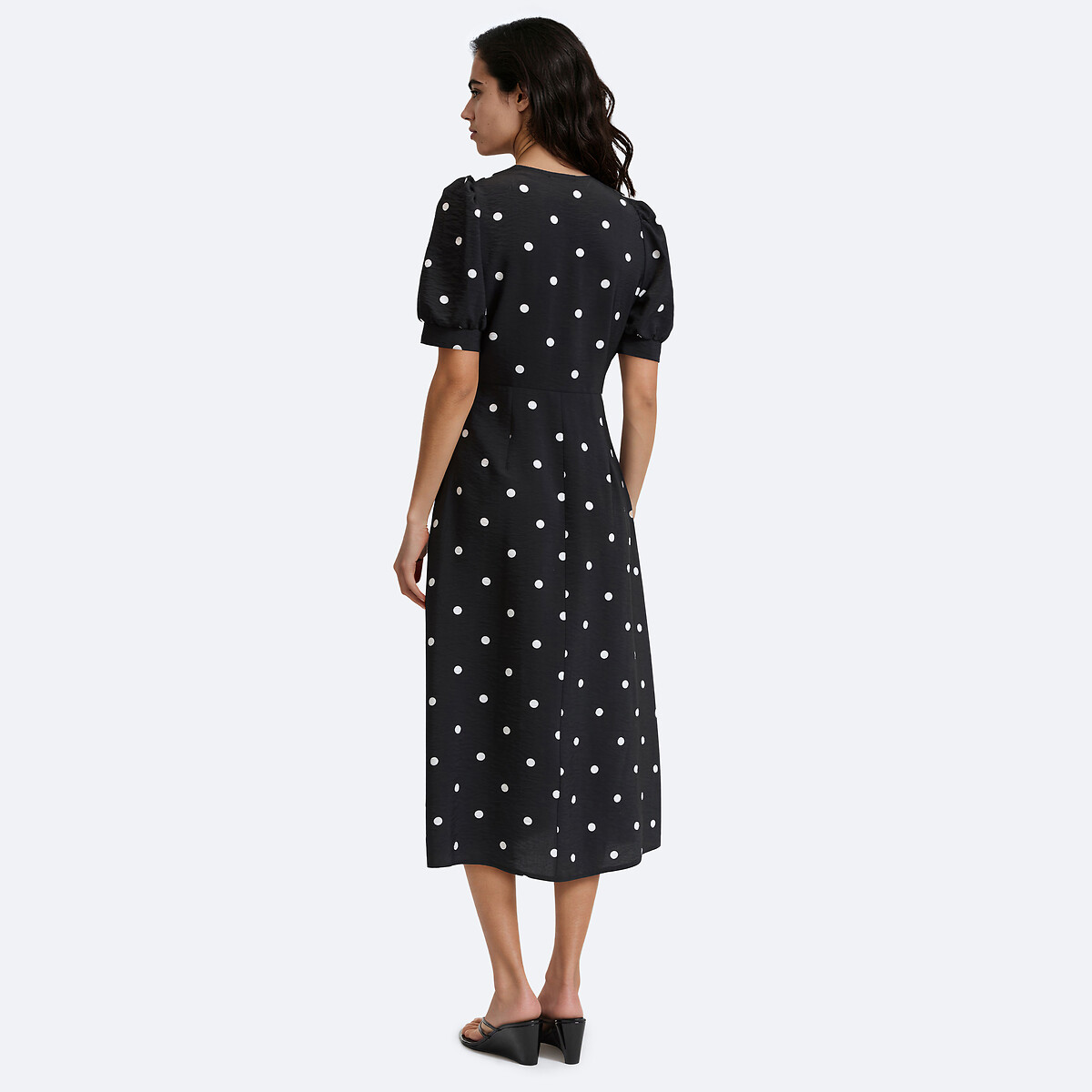 Vestido midi con cuello en V, de lunares y con manga corta estampado lunares, LA REDOUTE COLLECTIONS
