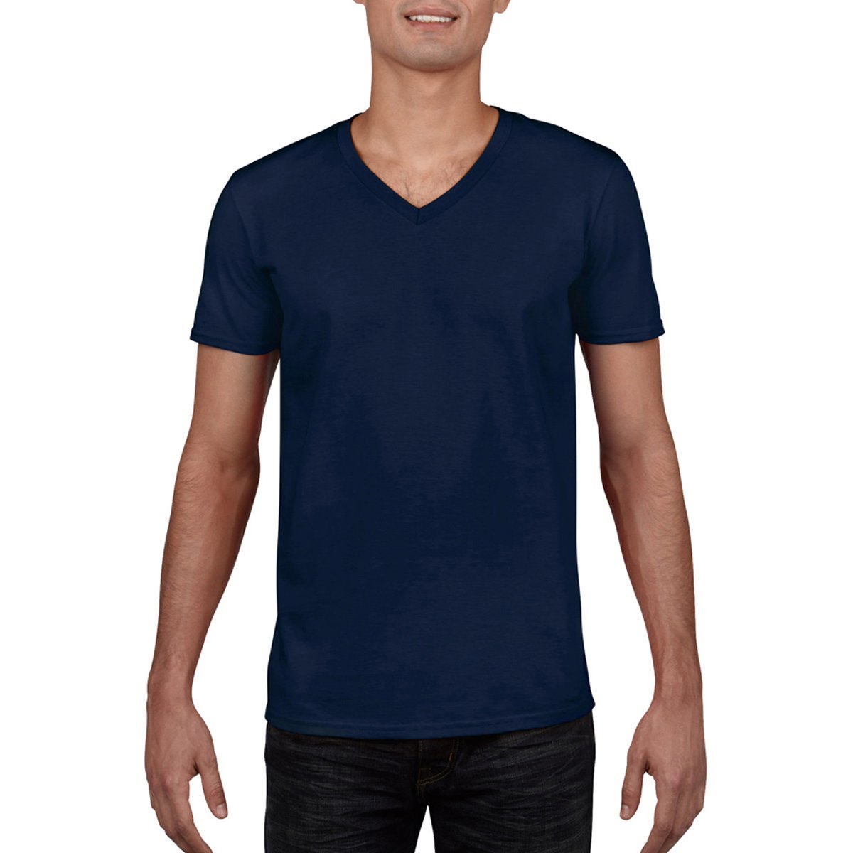 T-shirt manches courtes à col V SOFTSTYLE bleu marine, GILDAN