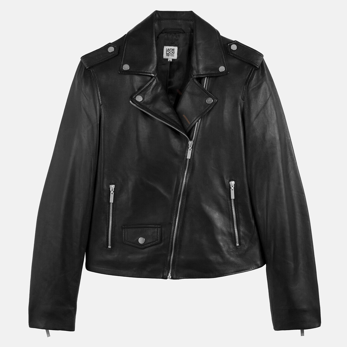 Blouson zippé style motard en cuir noir, LA REDOUTE COLLECTIONS
