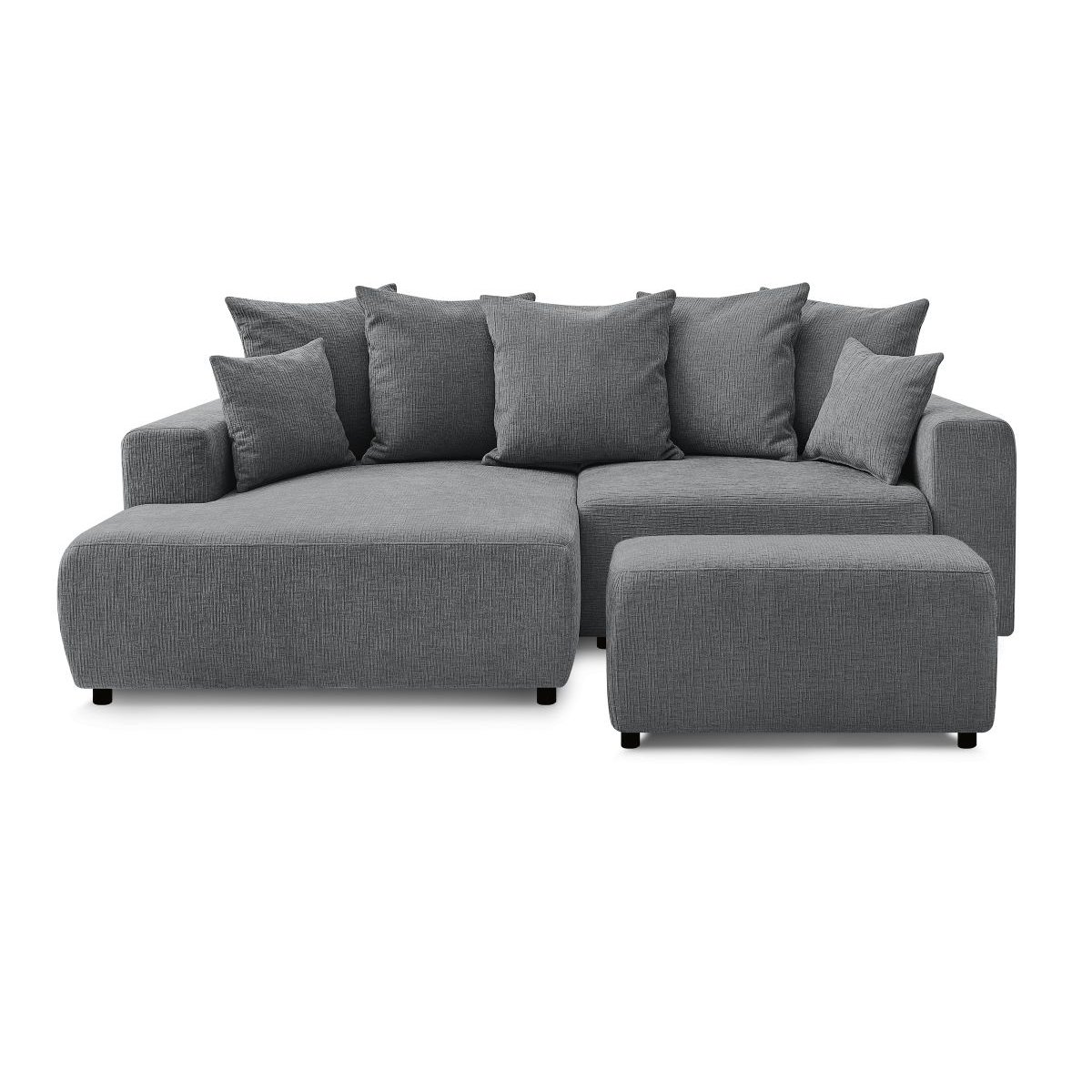 Canapé d'angle convertible 5 places en tissu texturé avec pouf, ATILLA gris foncé, BOBOCHIC