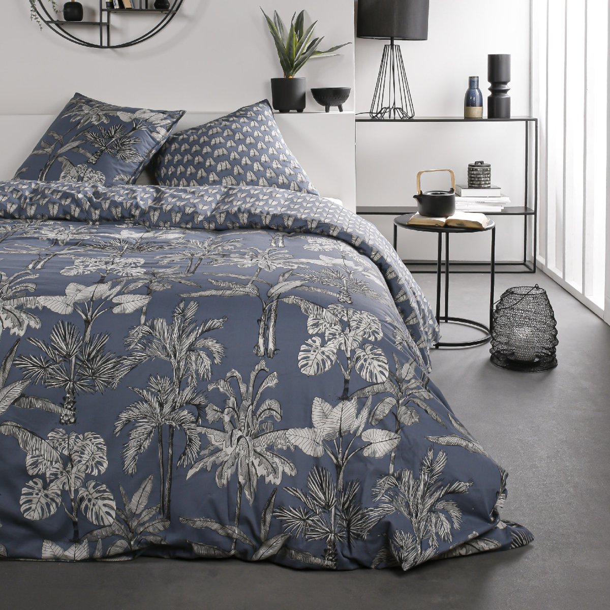 Parure de lit coton 2 personnes imprimé jungle SUNSHINE bleu, TODAY