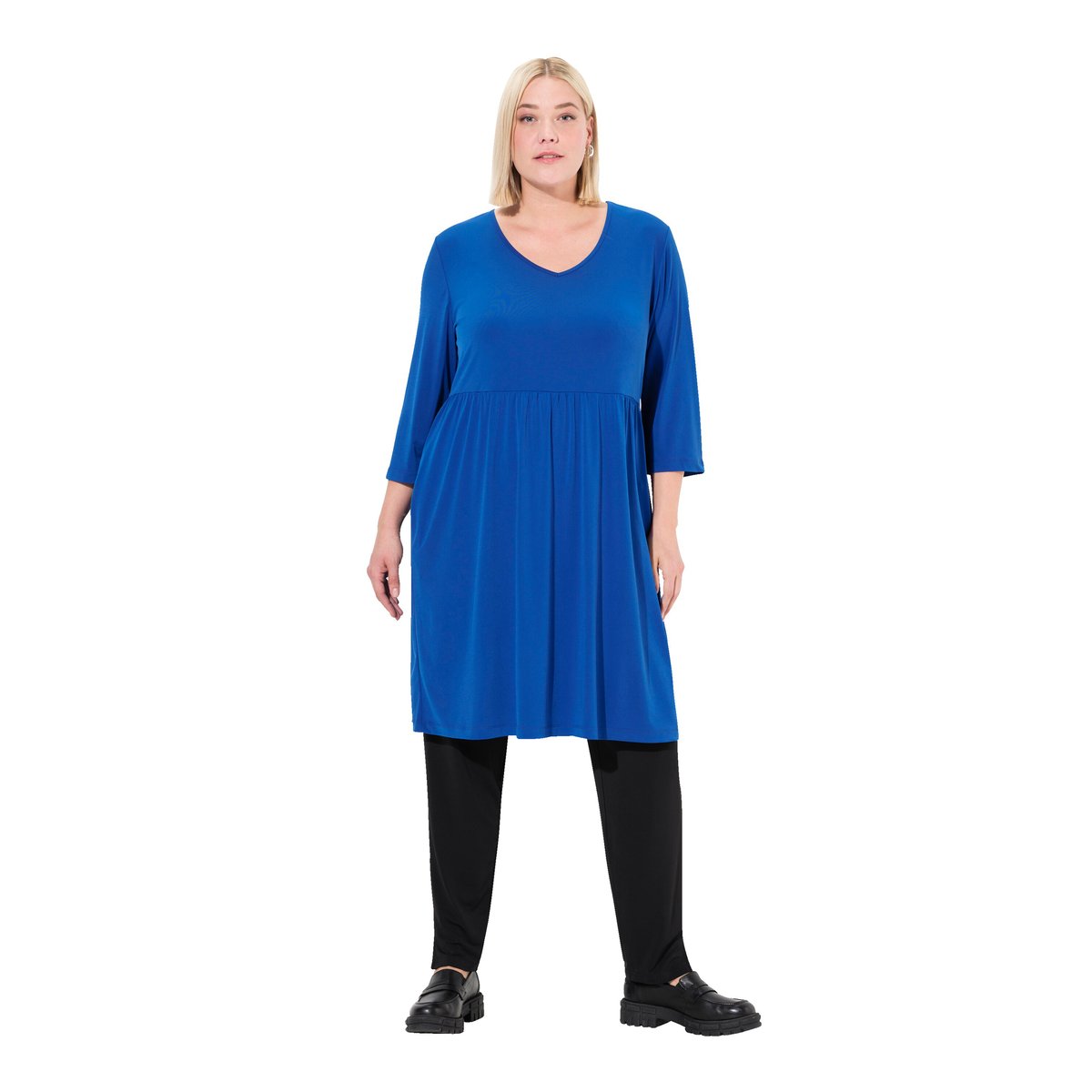 T-shirt long à col tunisien et manches 3/4. bleu cobalt, ULLA POPKEN