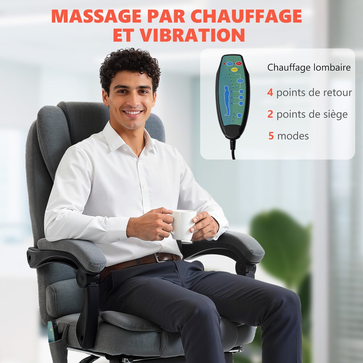 Fauteuil de bureau avec fonction massage gris foncé, HOMCOM