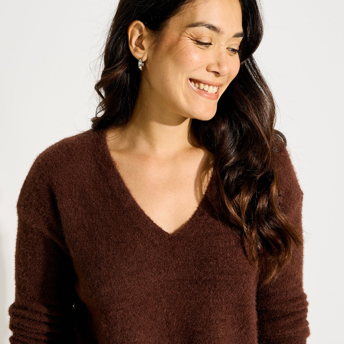Pull doux manches longues col V marron, GRAIN DE MALICE