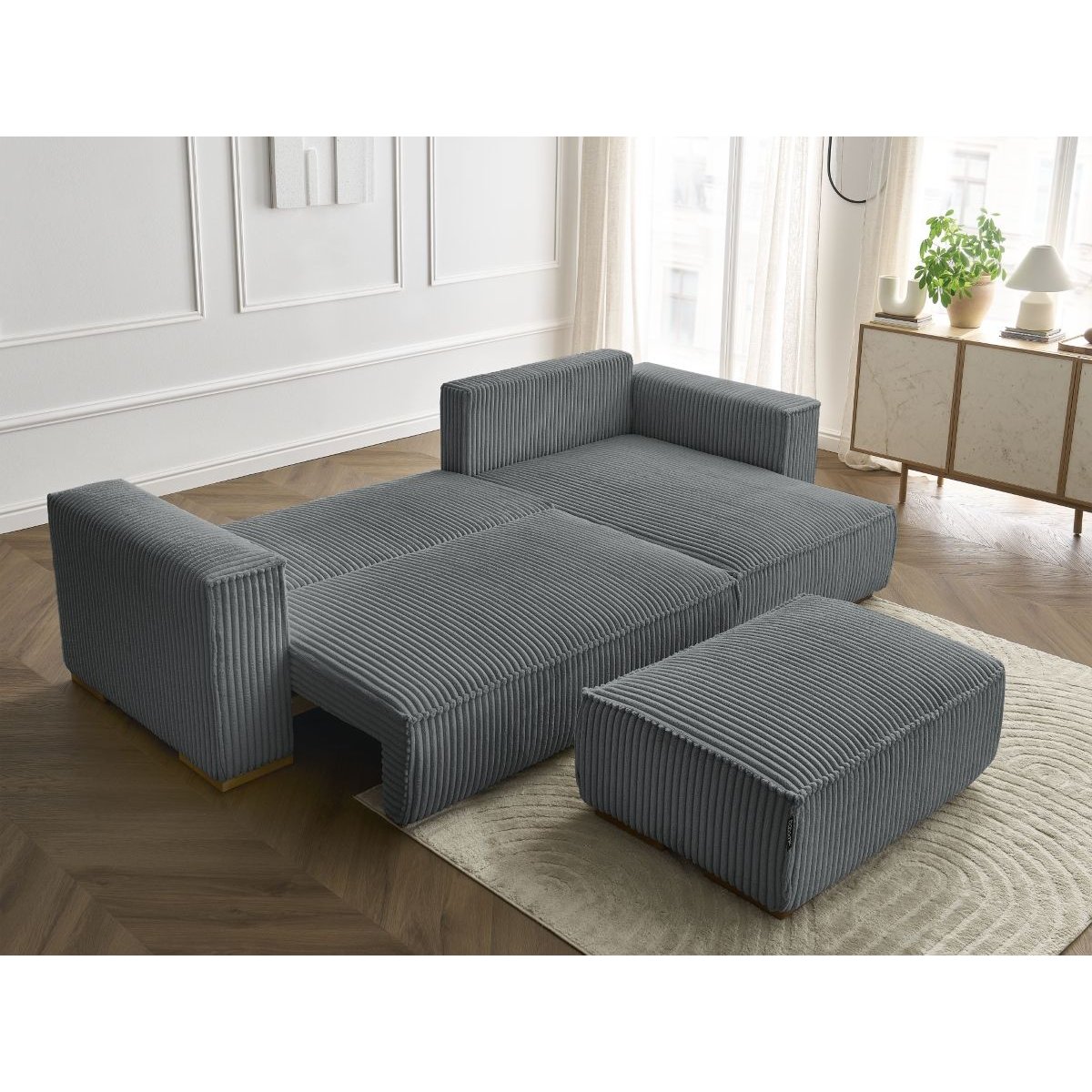 Canapé d'angle convertible 4 places en gros côtelé doux avec pouf, CHELSEA gris foncé, BOBOCHIC