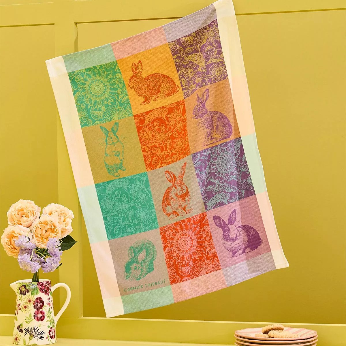 Torchon pur coton LES LAPINS printemps, GARNIER THIEBAUT