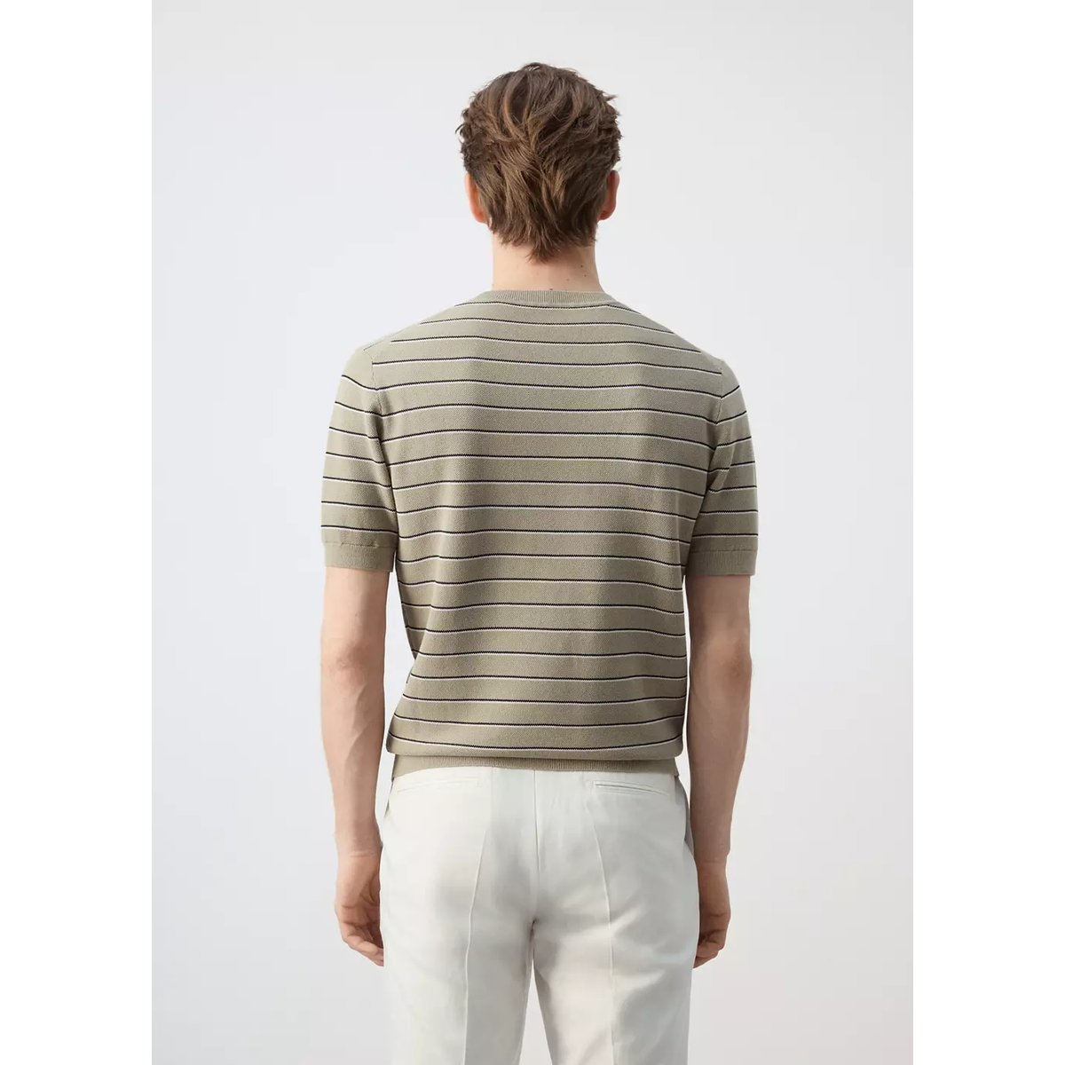 T-shirt 100 % coton en maille à rayures beige, MANGO MAN