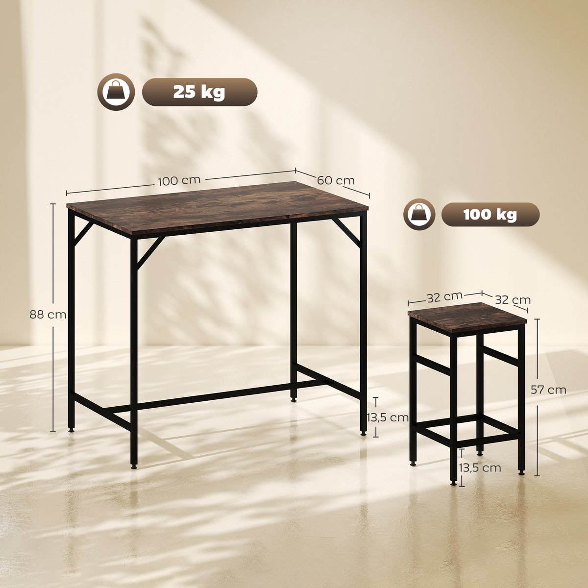 Ensemble de table de bar Métal Noir noir, chêne clair, HOMCOM
