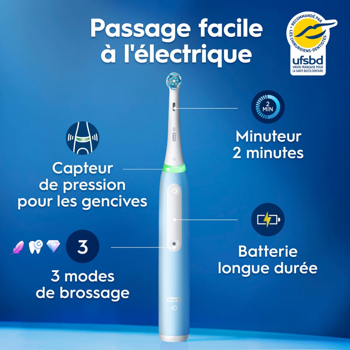 Brosse à dents électrique iO3S Bleue couleur unique, ORAL B