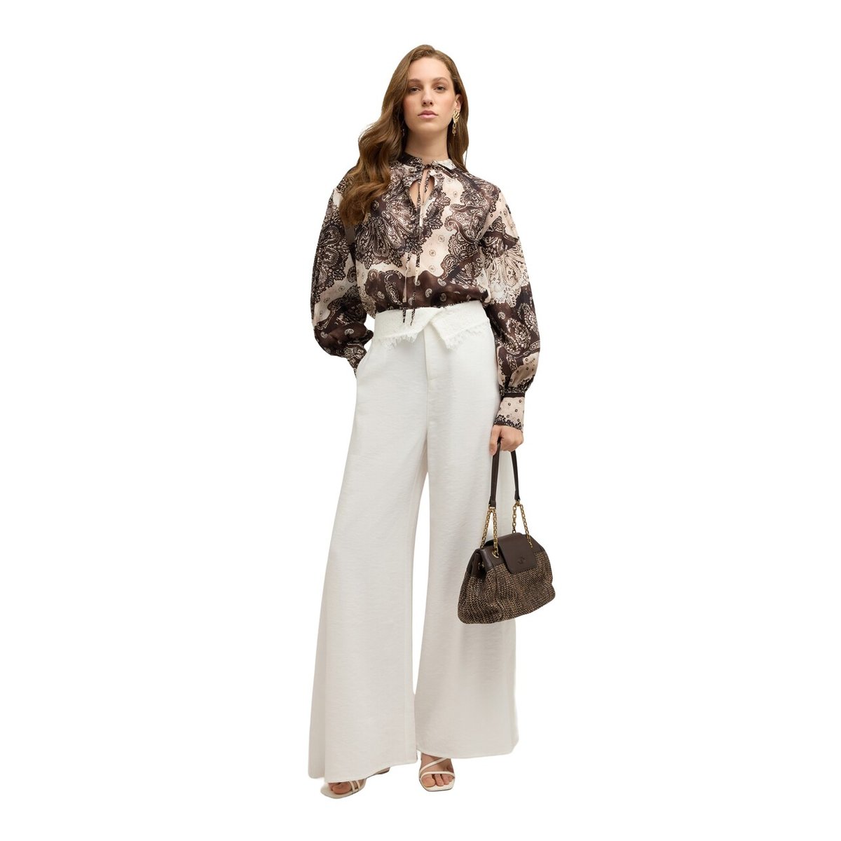 Blouse avec imprimé et manches ballon marron, MOTIVI
