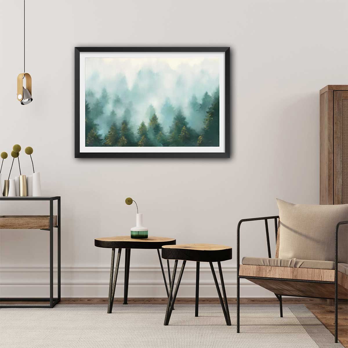 Affiche Brume sur la forêt affiche + cadre en bois - noir, HEXOA